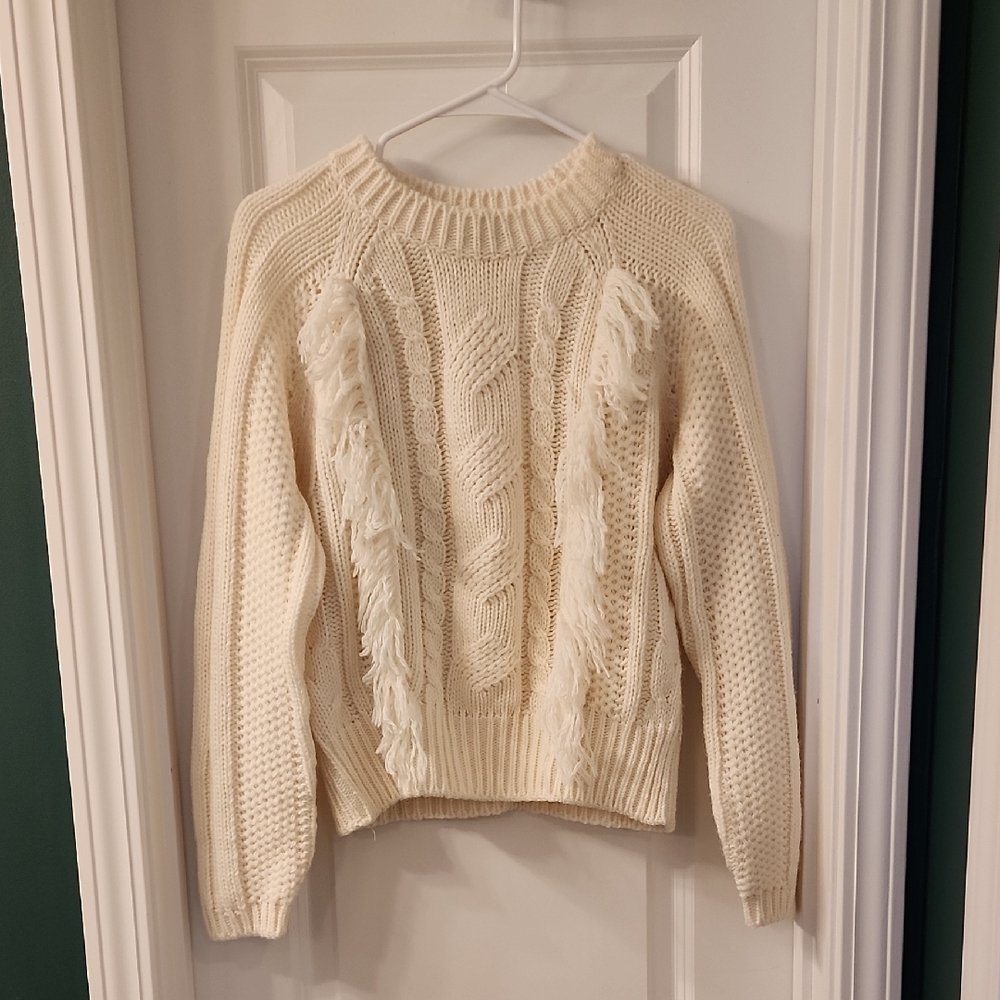 NWOT Chic Cream Knit Sweater with Fringe Accents